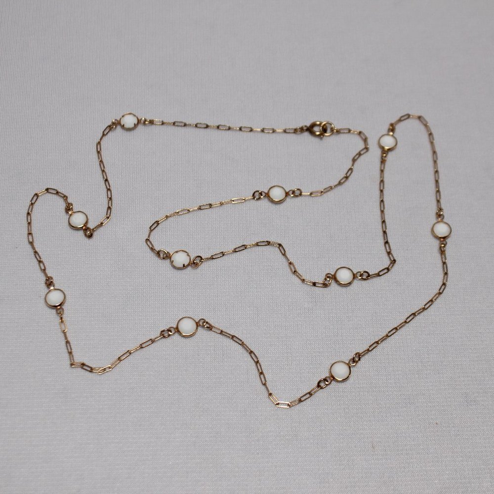 Gold Tone Delicate Chain with White Milk Glass Accents Stones - Picture 2 of 10